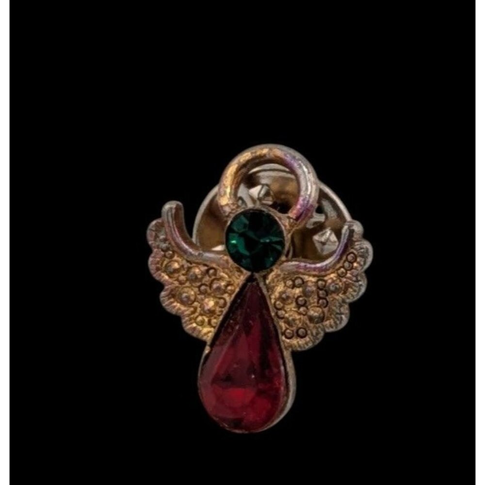 Vintage Holiday Red And Green Gemmed Angel Lapel Pin
